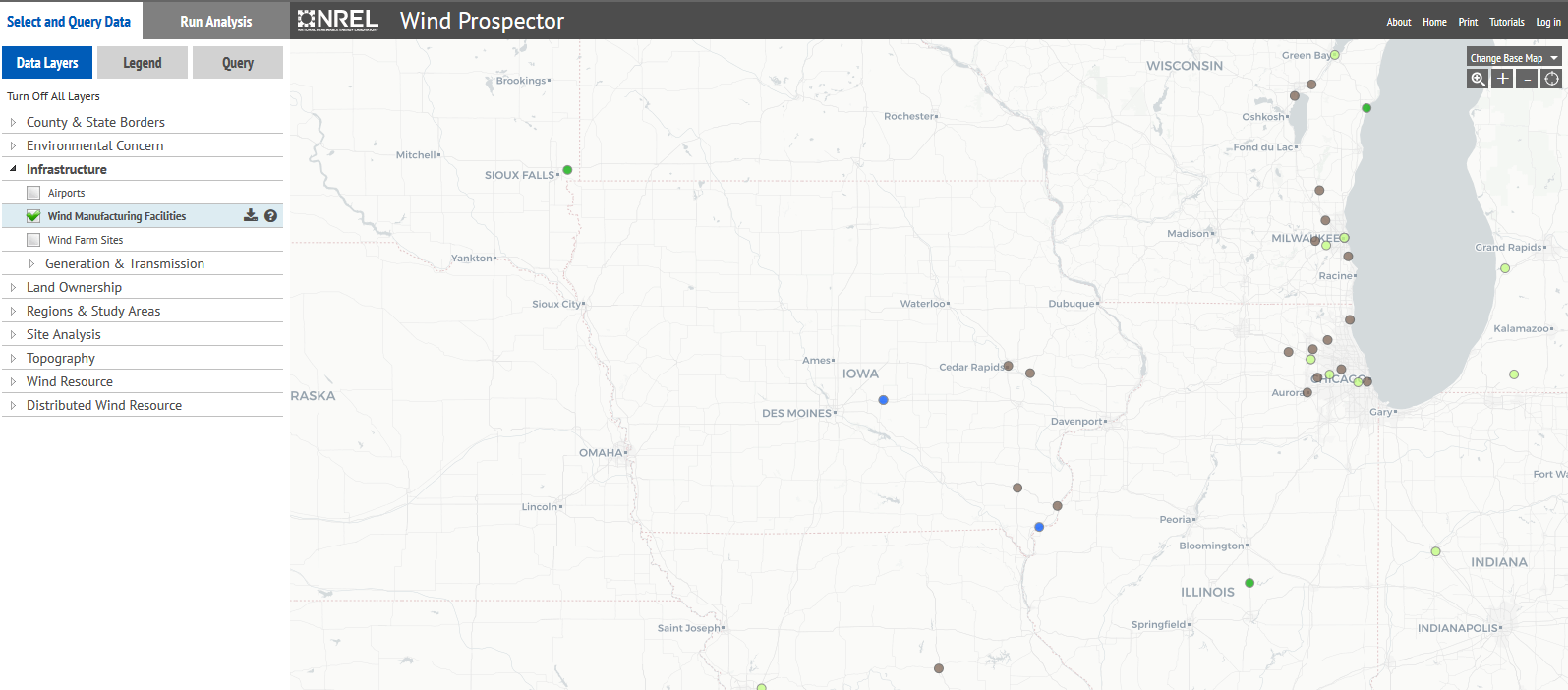 map of wind turbines in Iowa
