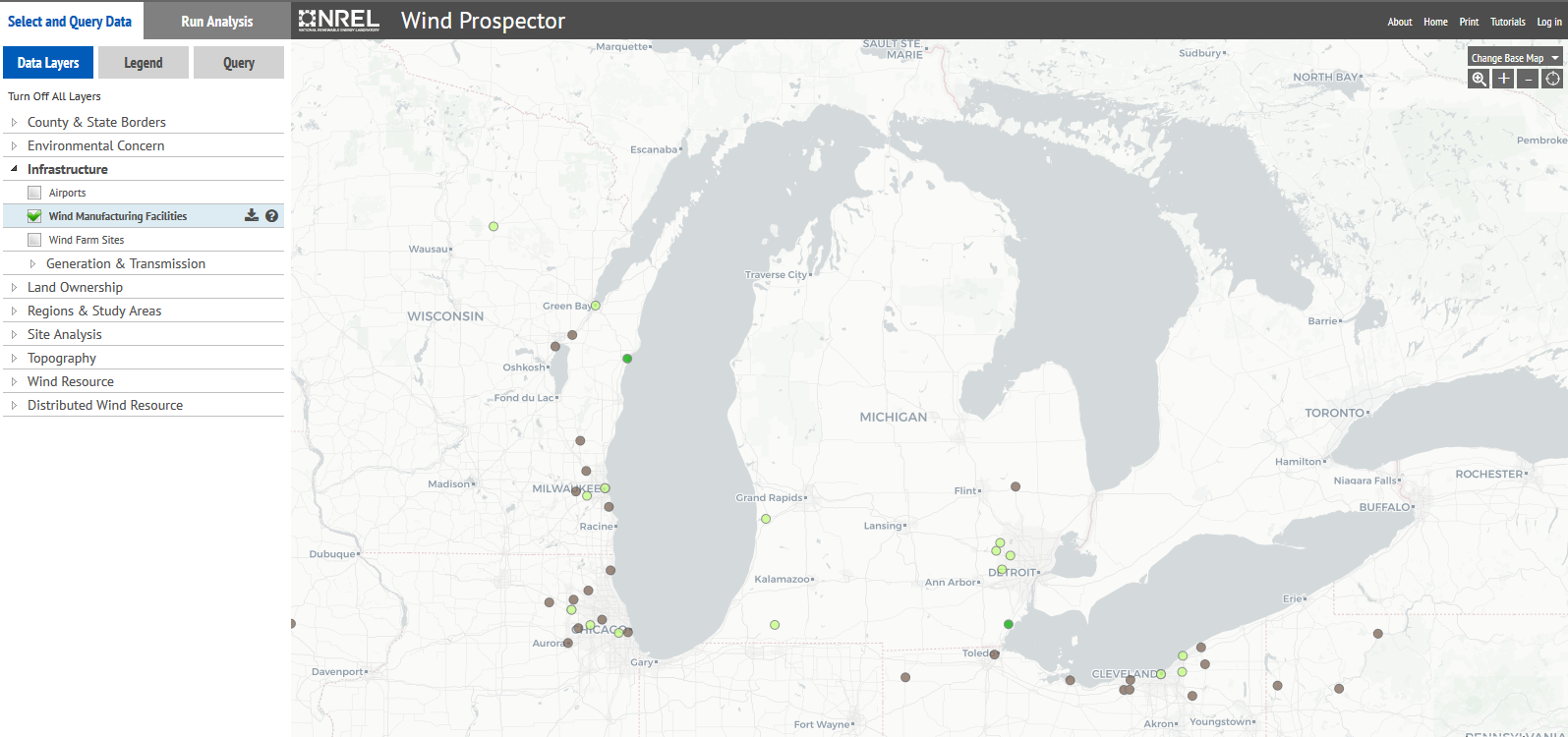 map of wind turbines in Michigan