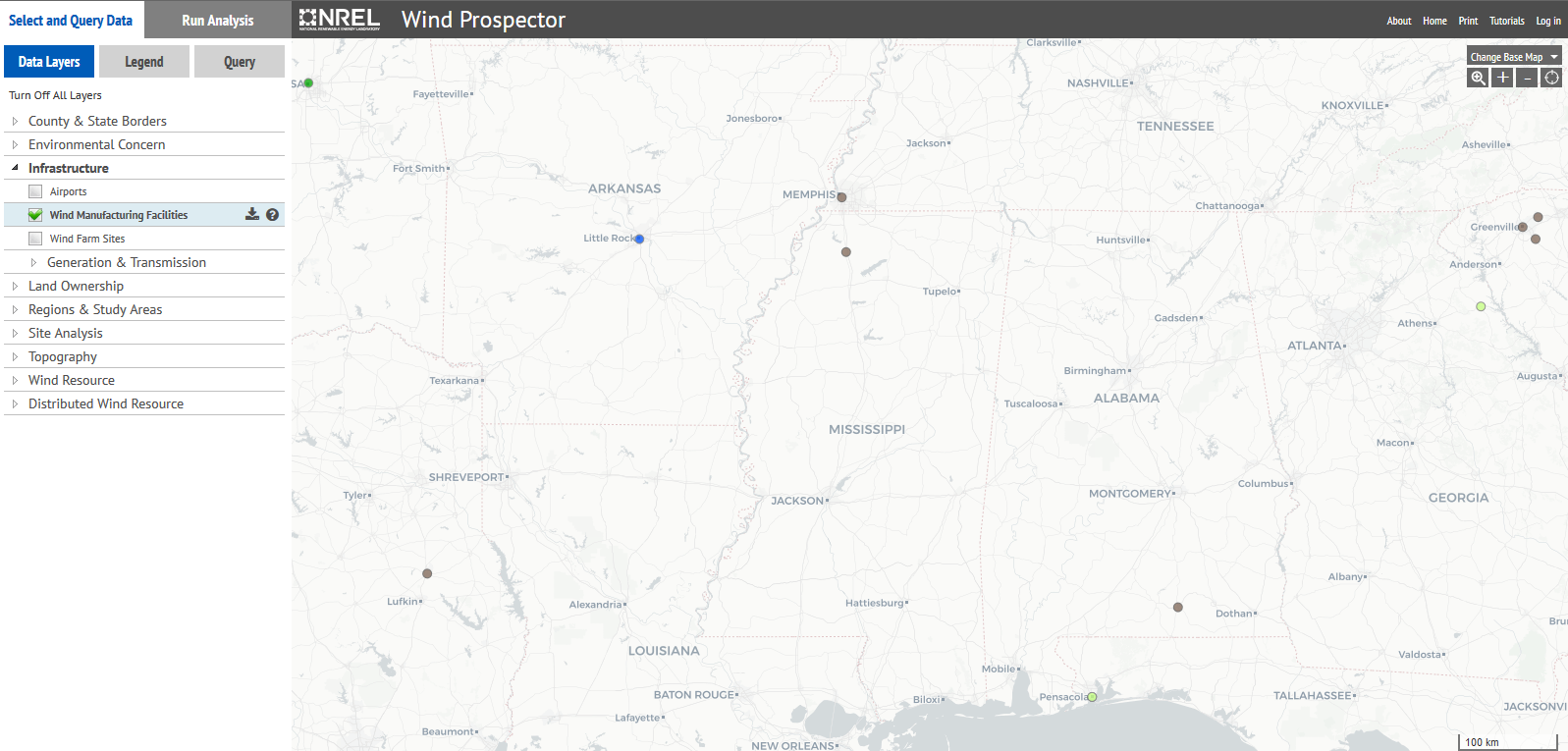map of wind turbines in Mississippi