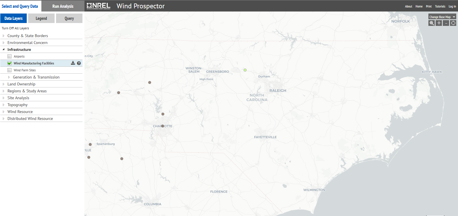map of wind turbines in North Carolina
