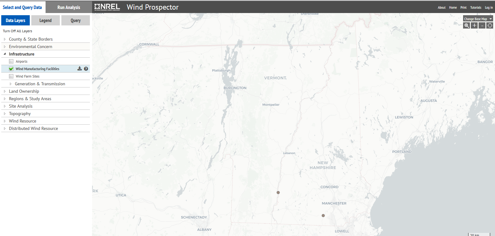 map of wind turbines in New Hampshire