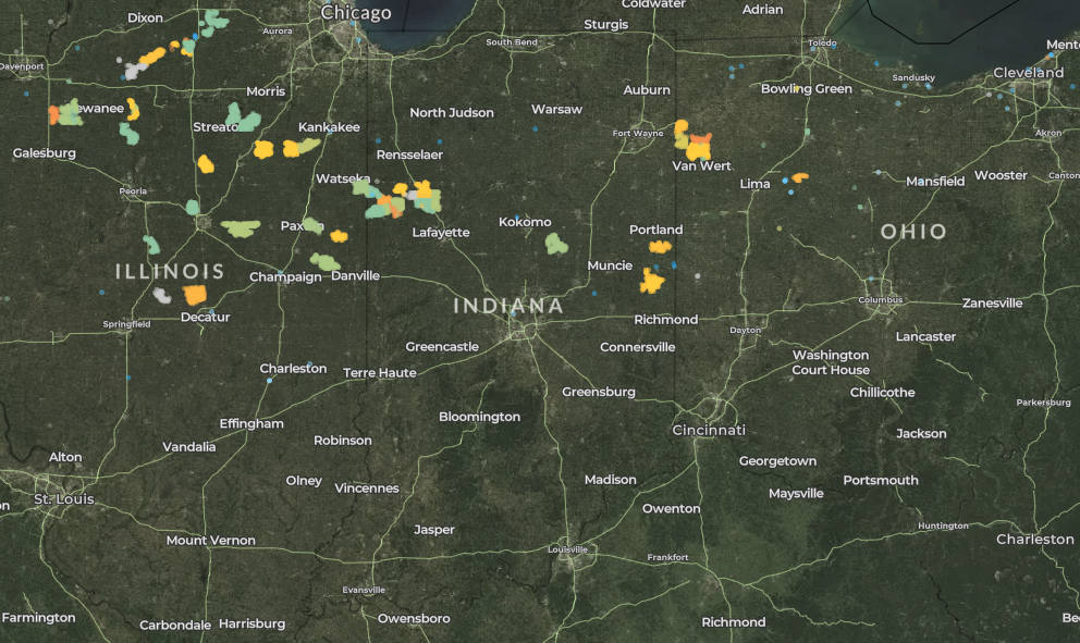map of wind turbines in Indiana