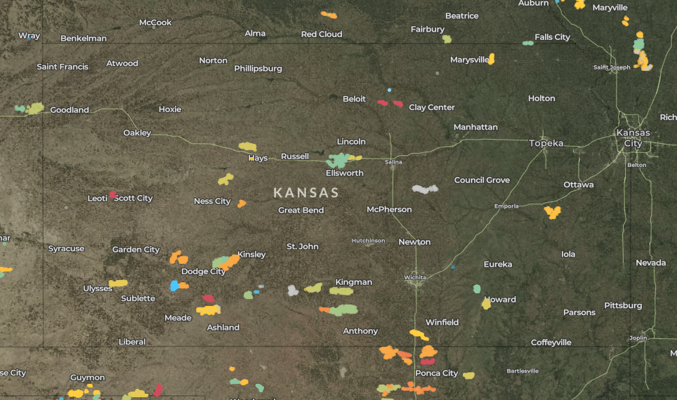 map of wind turbines in Kansas
