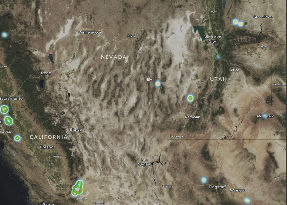 map of wind turbines in Nevada