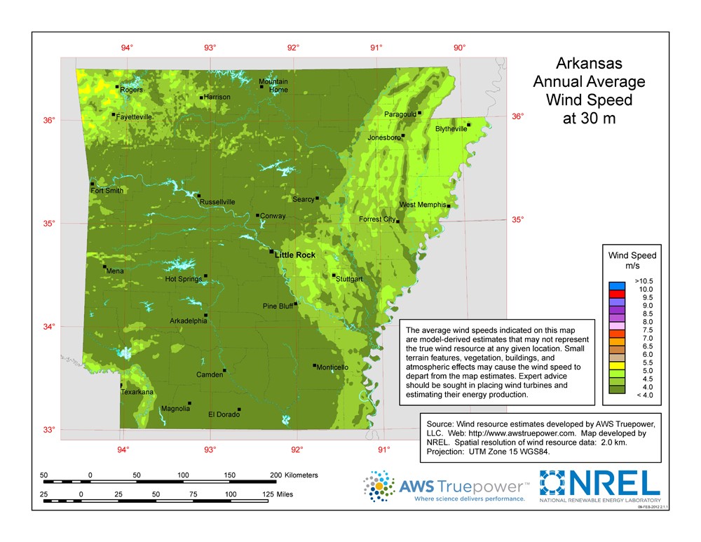 A map of Arkansas showing wind speeds at a 30-m height.