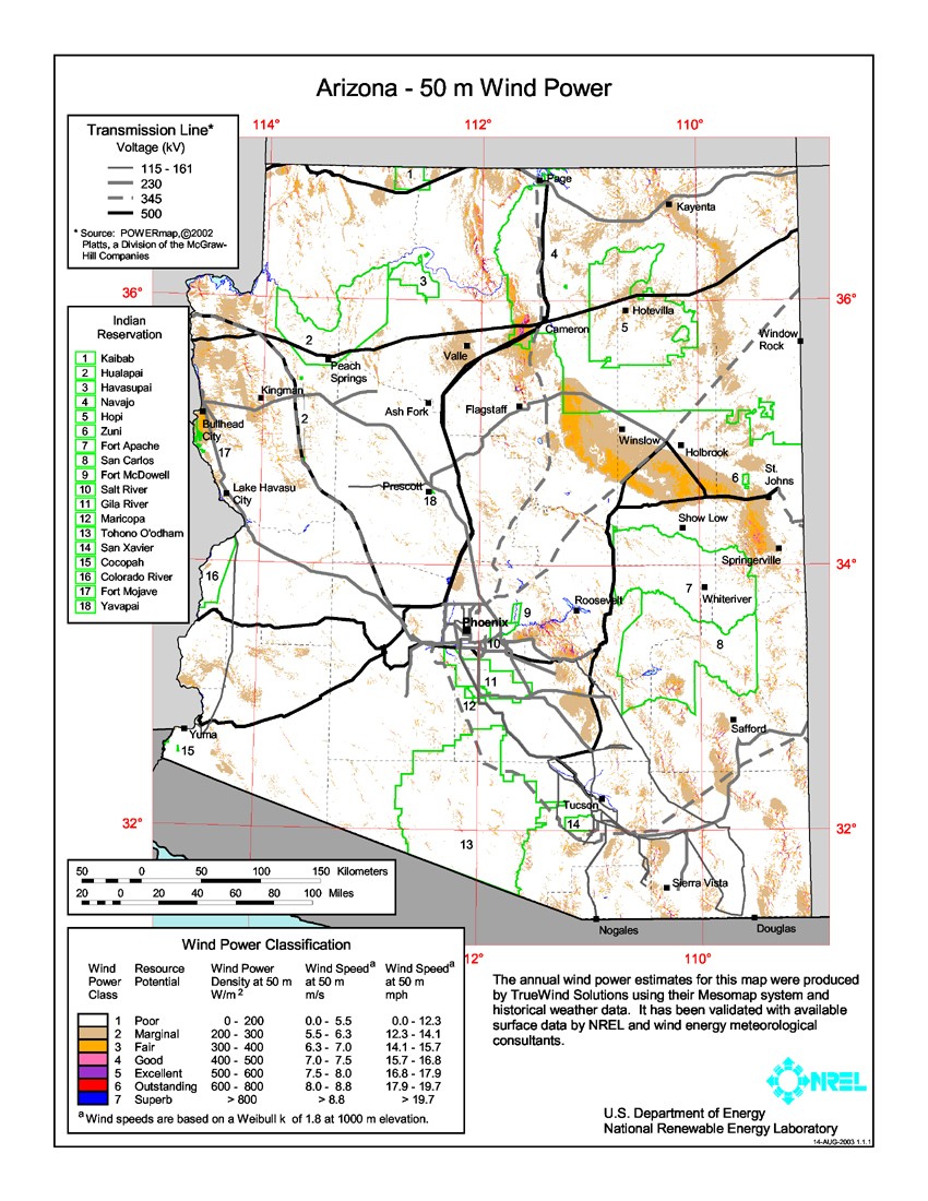 Arizona wind resource map.