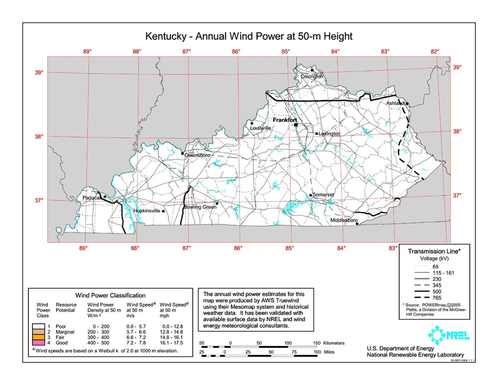 Kentucky wind resource map.