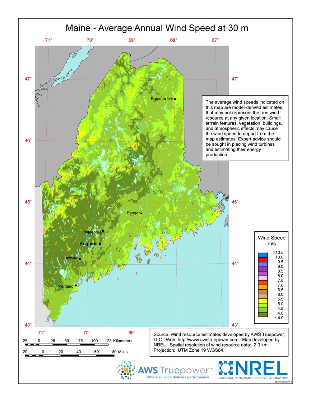 A map of Maine showing wind speeds at a 30-m height.