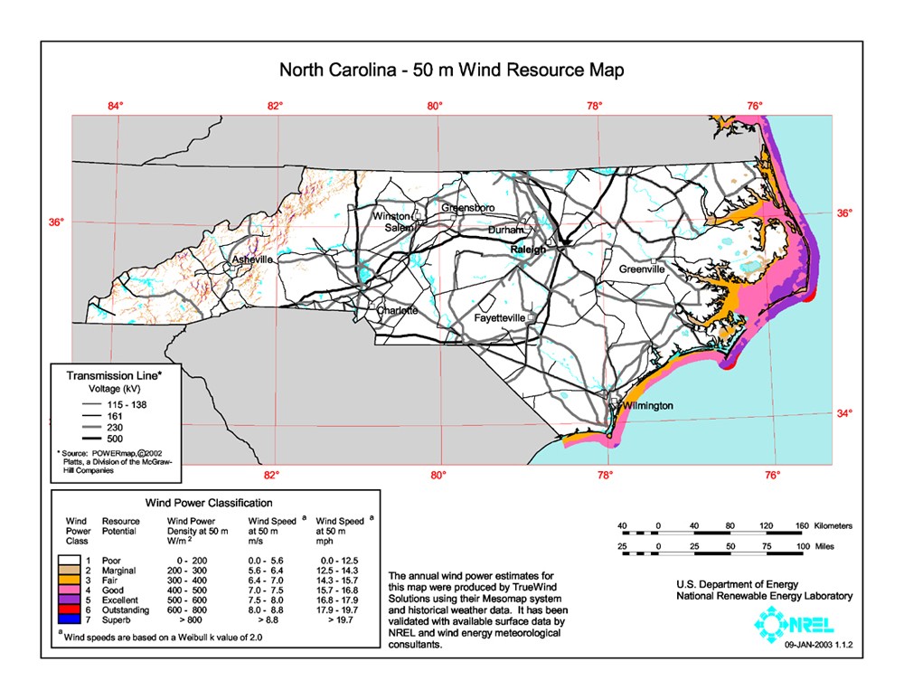North Carolina wind resource map.