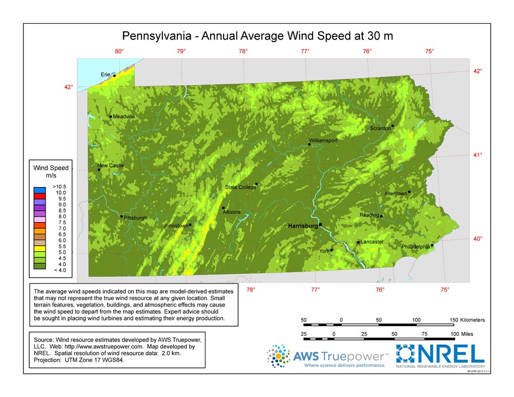 A map of Pennsylvania showing wind speeds at a 30-m height.