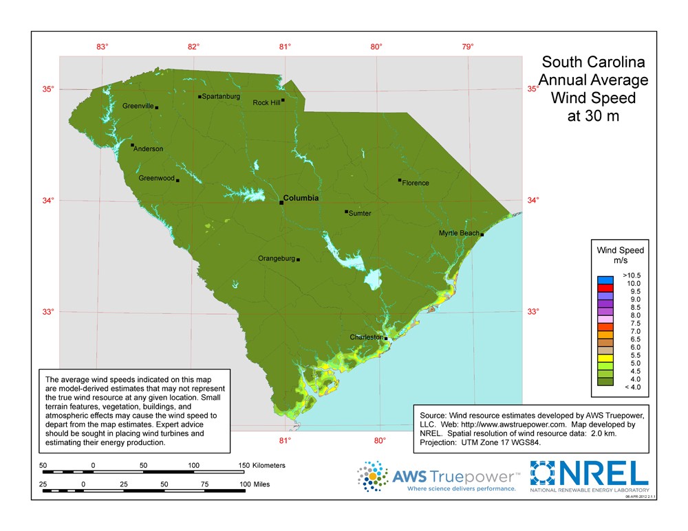 A map of South Carolina showing wind speeds at a 30-m height.