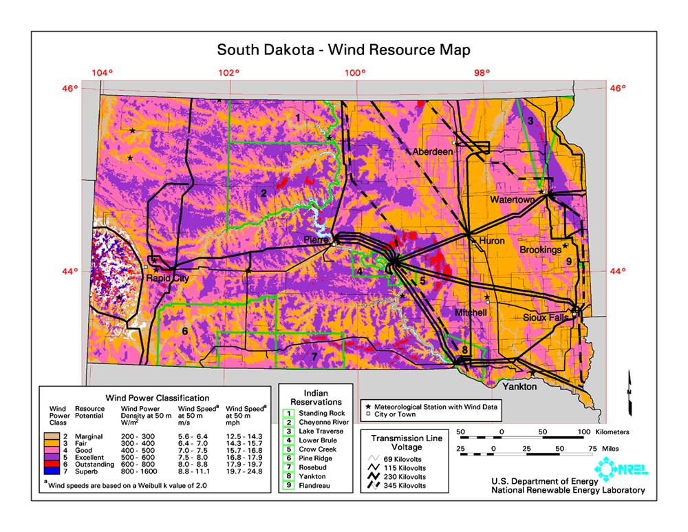 South Dakota wind resource map.