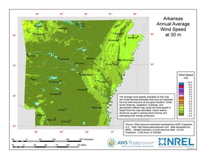 A map of Arkansas showing wind speeds at a 30-m height.