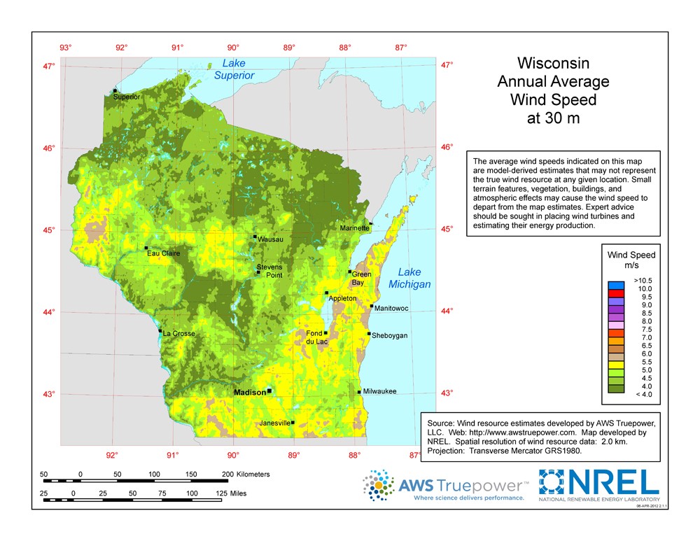 A map of Wisconsin showing wind speeds at a 30-m height.