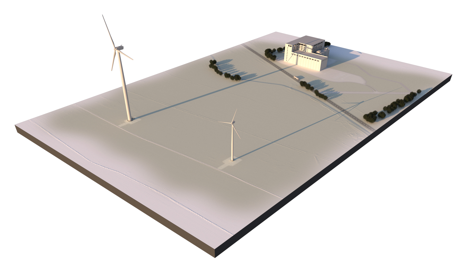 An illustration of both a tall and short wind turbine near a building. The tall turbine is casting a shadow on the building, while the short turbine does not