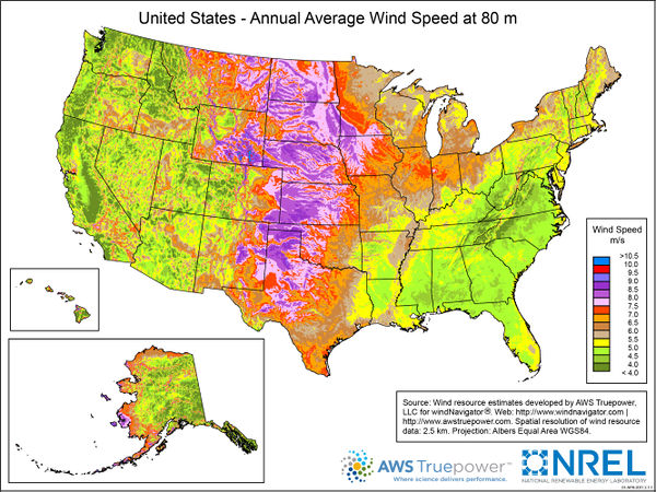 map of the United States showing annual average wind speed at 80 meters
