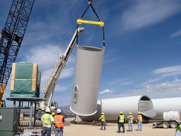 photo of a large wind turbine under construction