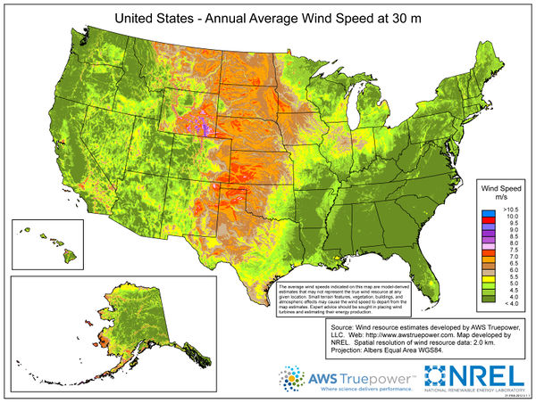 map of annual average wind speed at 30 meters in the United States