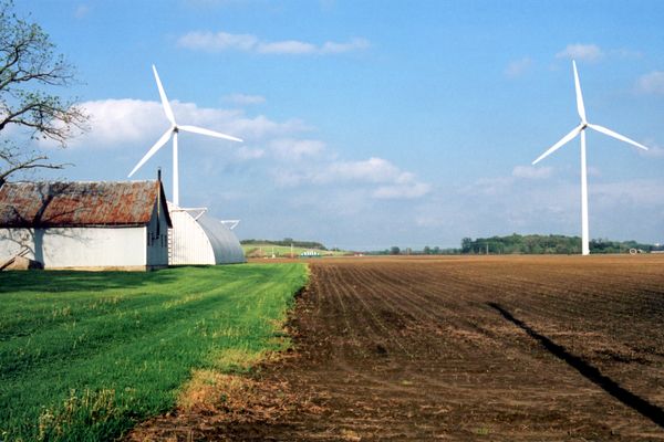 photo of wind turbines on a farm