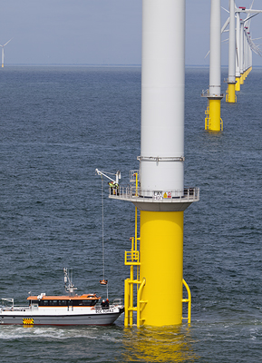 Several large, offshore wind turbines stand on large supports as a boat floats by them