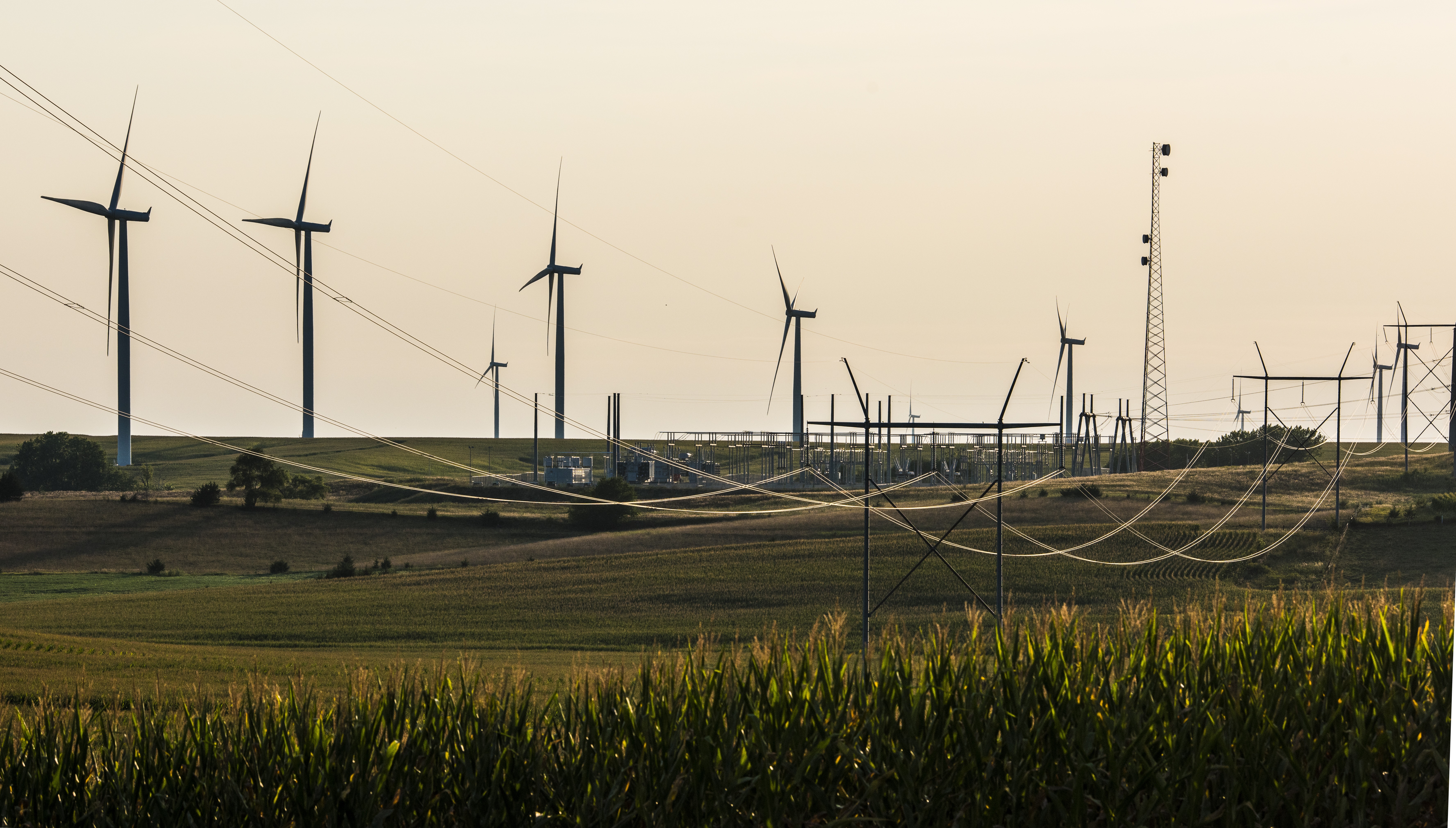 Wind turbines behind transmission lines