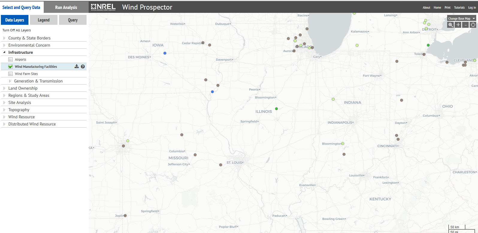 map of wind turbines in Illinois