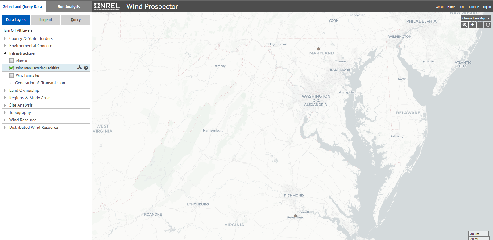 map of wind turbines in Maryland