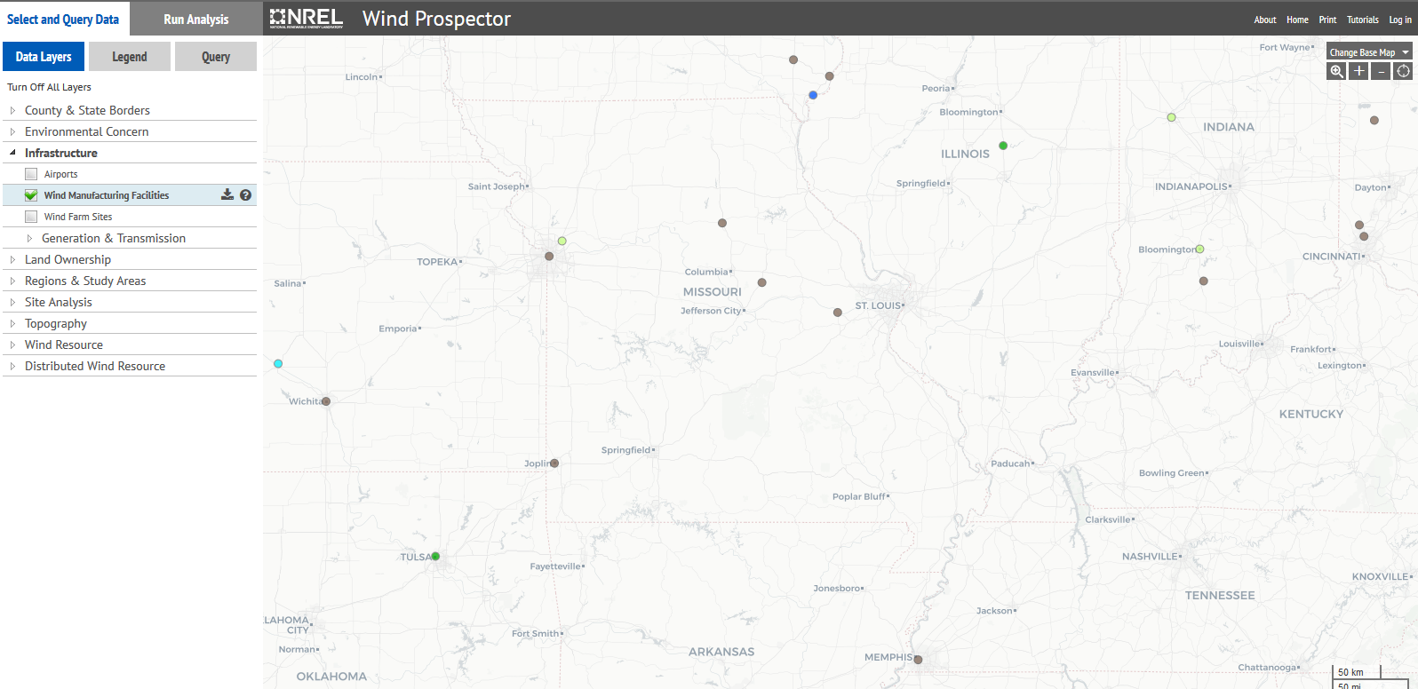 map of wind turbines in Missouri