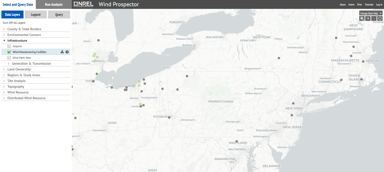 map of wind turbines in Pennsylvania