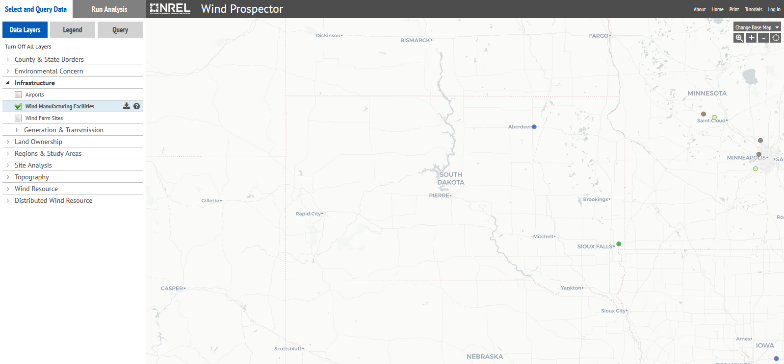 map of wind turbines in South Dakota