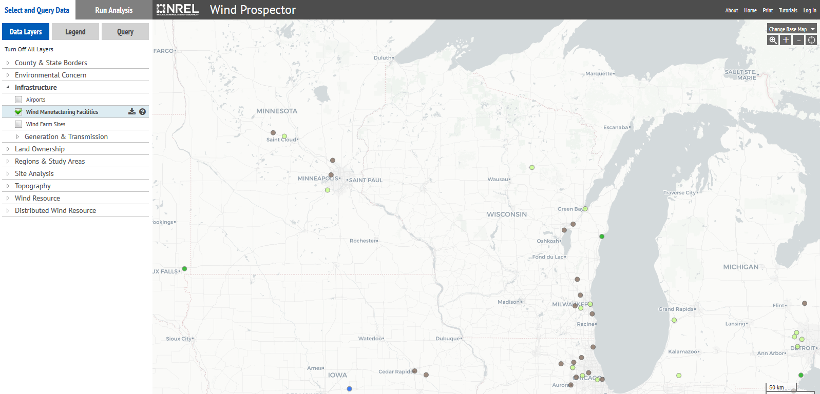 map of wind turbines in Wisconsin