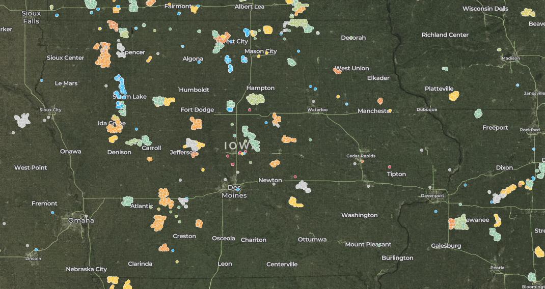 map of wind turbines in Iowa