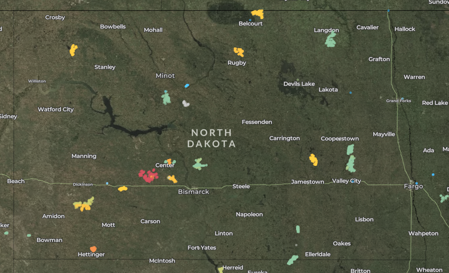 map of wind turbines in North Dakota