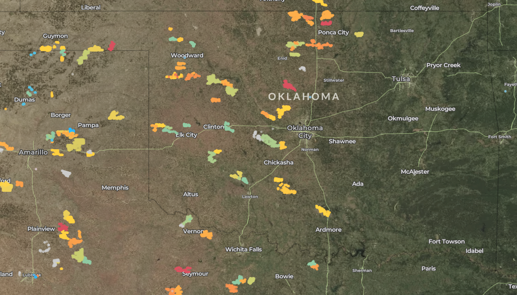 map of wind turbines in Oklahoma