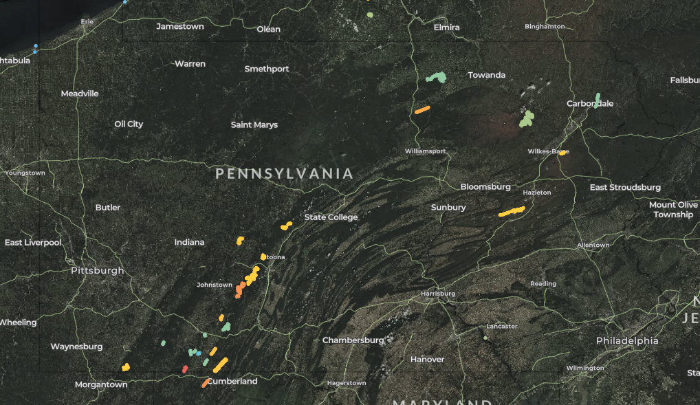 map of wind turbines in Pennsylvania