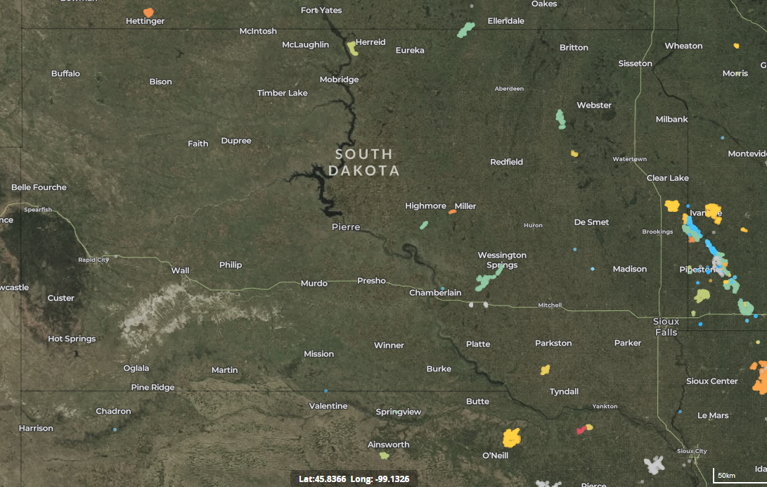 map of wind turbines in South Dakota