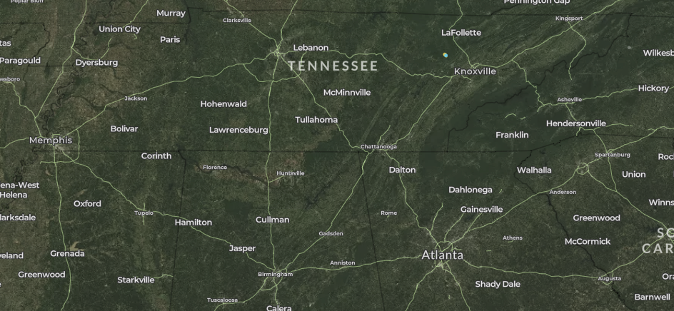 map of wind turbines in Tennessee