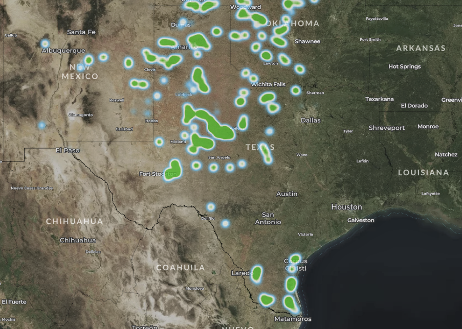 map of wind turbines in Texas