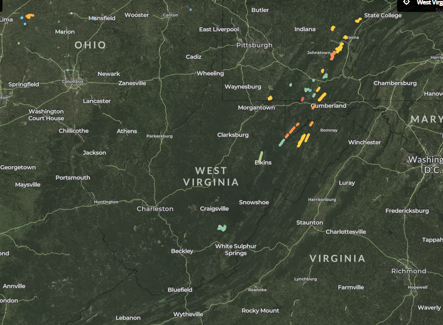 map of wind turbines in West Virginia