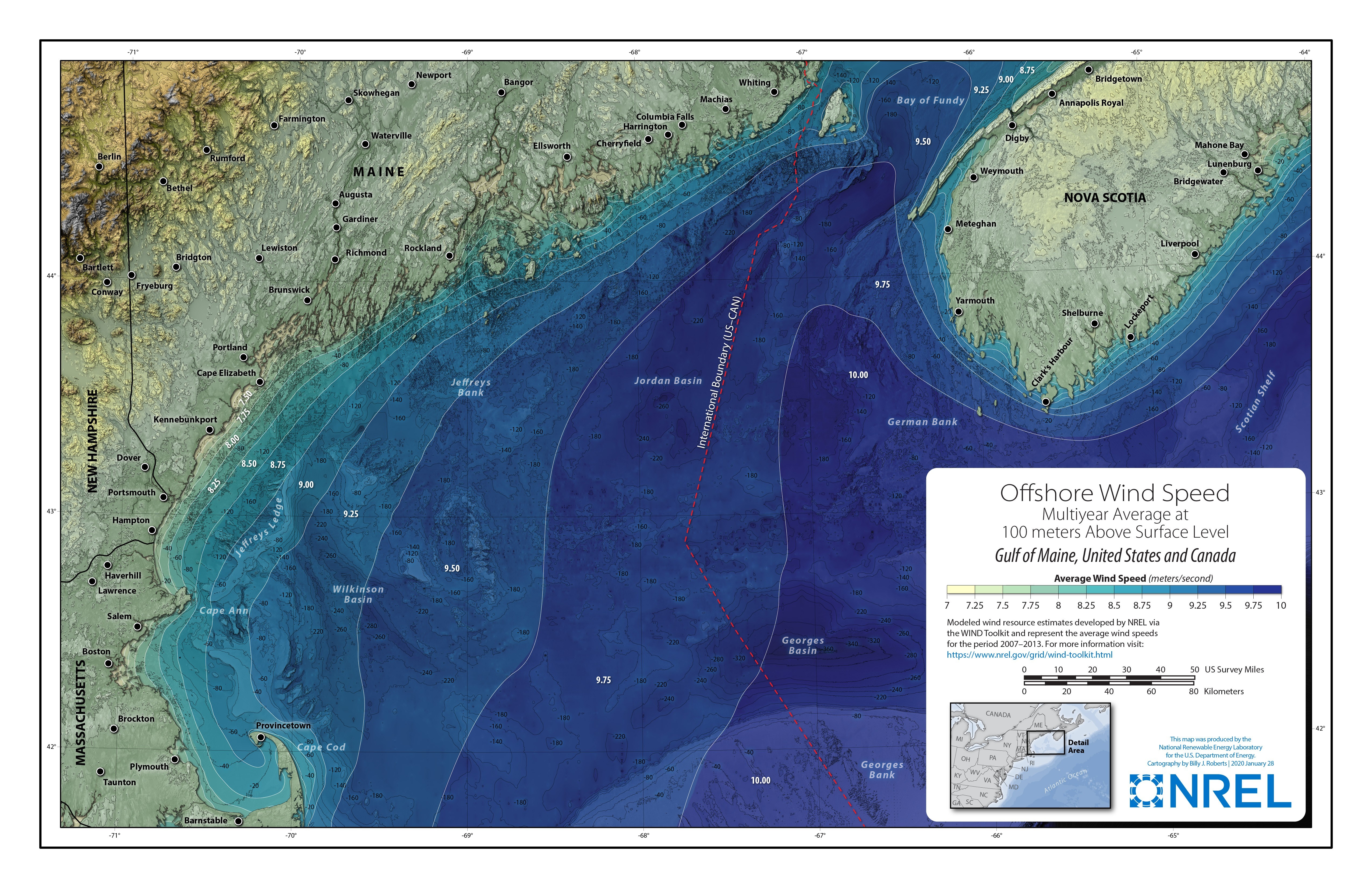 wind resource map depicting teh coast of Maine