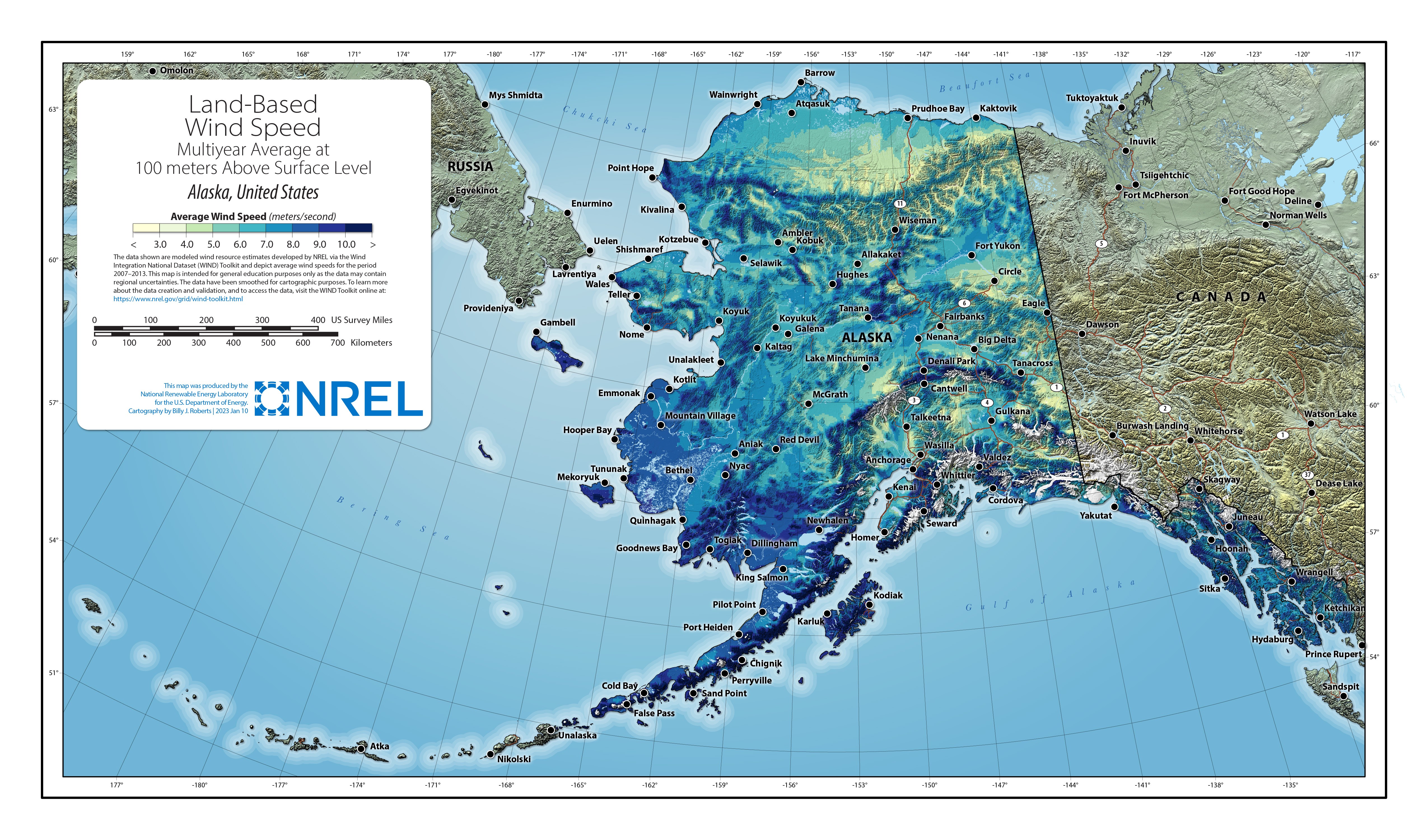 A map of Alaska shaded by wind speed.