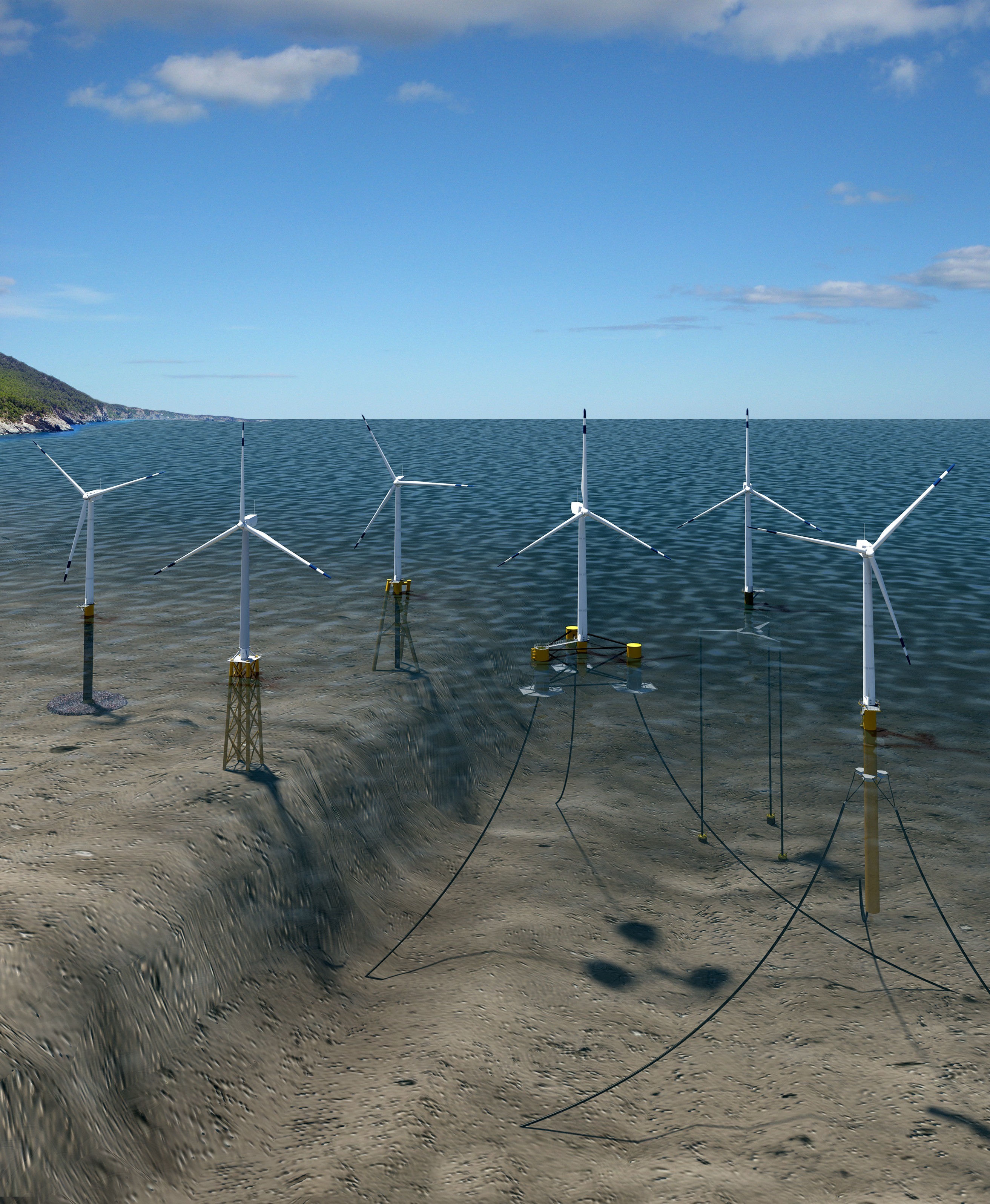 An illustration of different kinds off offshore wind turbines, some floating with mooring lines and anchors.