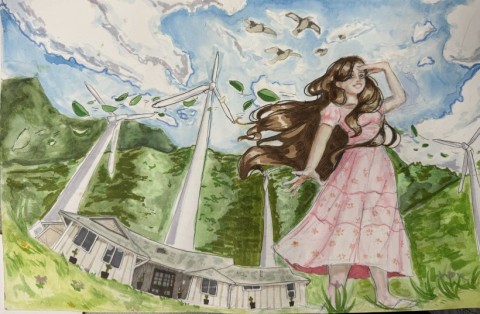 A drawing of wind turbines next to a young girl.