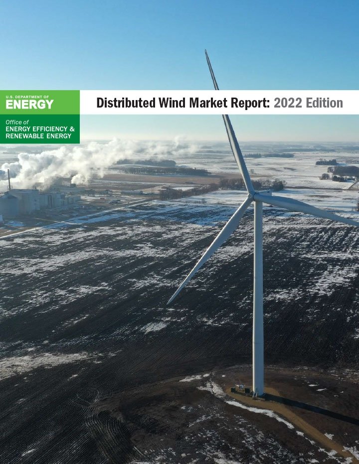 Wind turbines in a snowy field overlain with the words "Distributed Wind Market Report: 2022 Edition" and the U.S. Department of Energy Office of Energy Efficiency & Renewable Energy logo