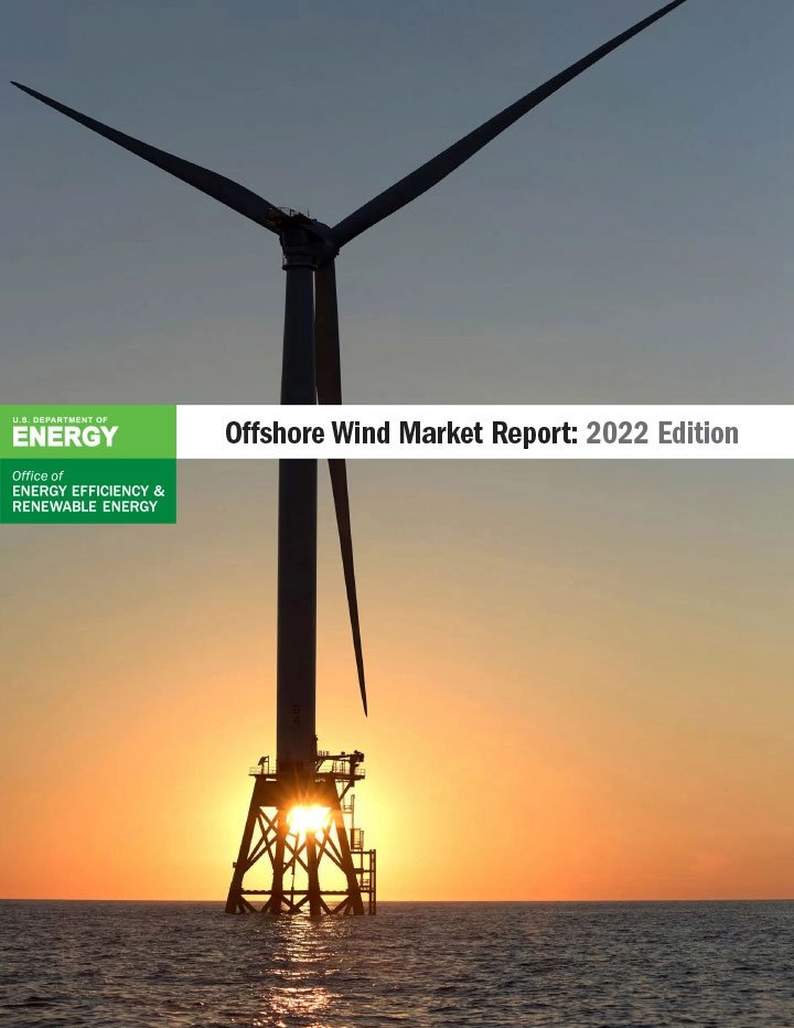A wind turbine in the ocean in front of a sunset overlain with the words "Offshore Wind Market Report: 2022 Edition" and the U.S. Department of Energy Office of Energy Efficiency & Renewable Energy logo