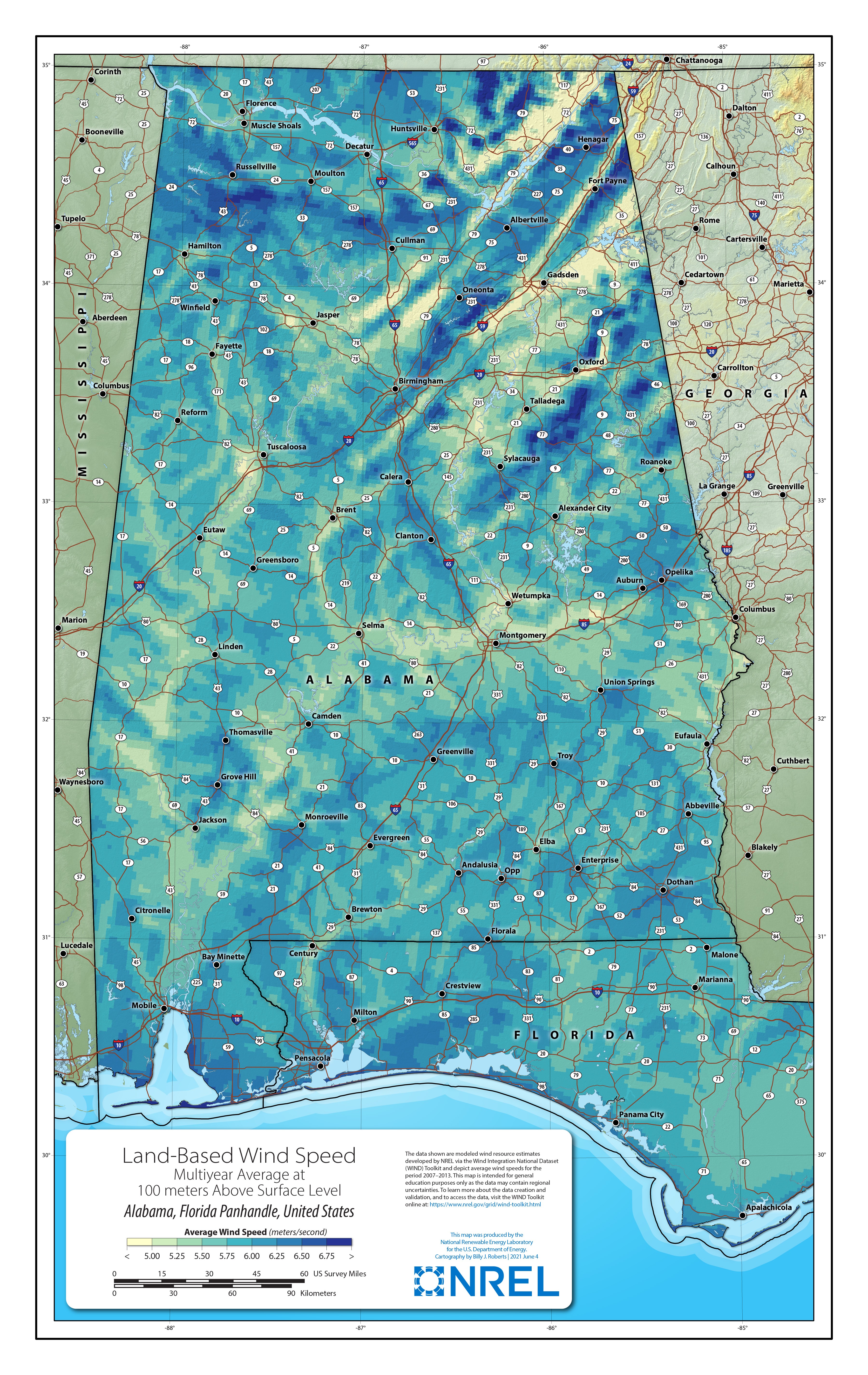 Alabama and Florida Panhandle Land-Based Wind Speed at 100 Meters