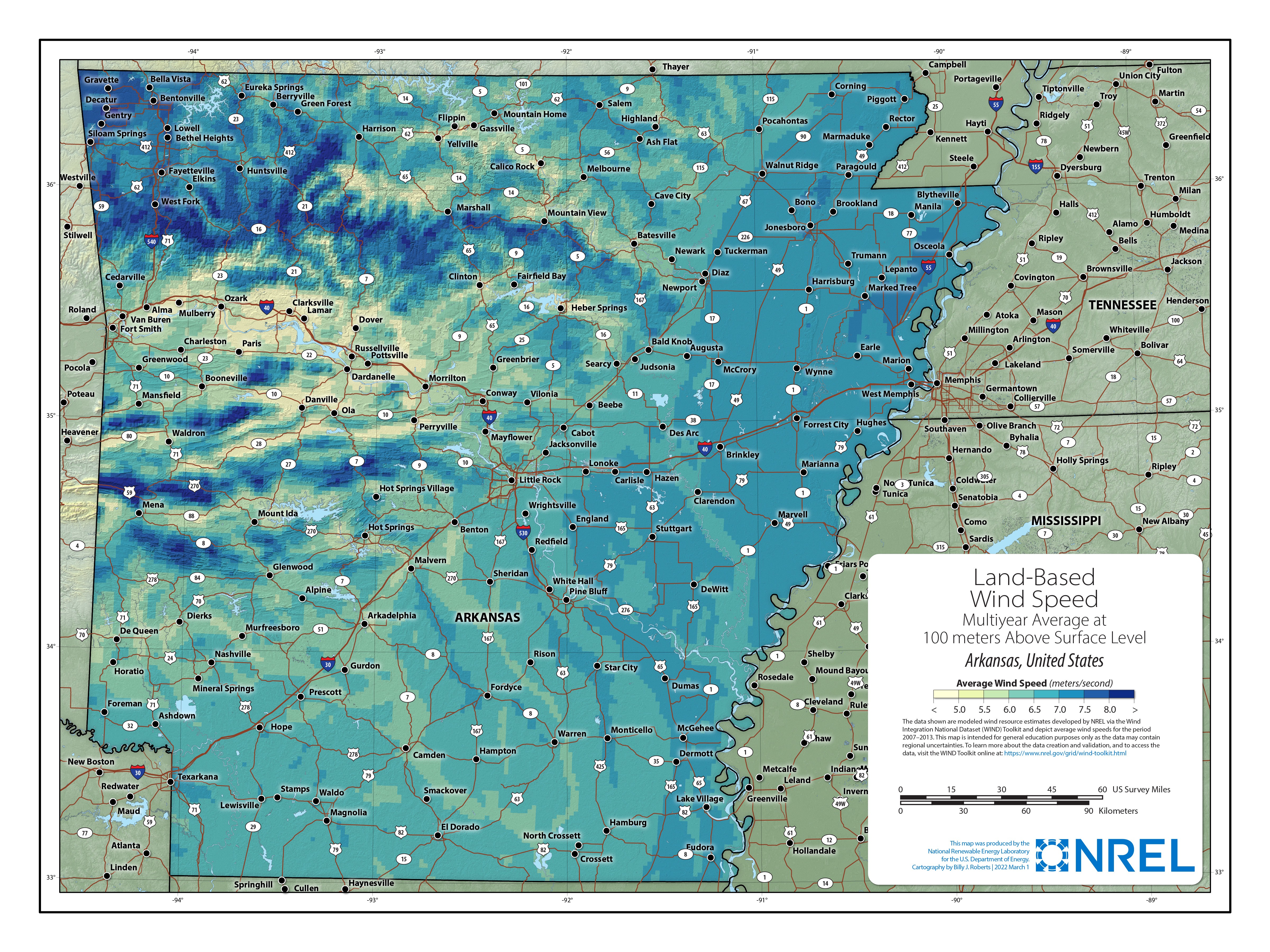 Arkansas Land-Based Wind Speed at 100 Meters