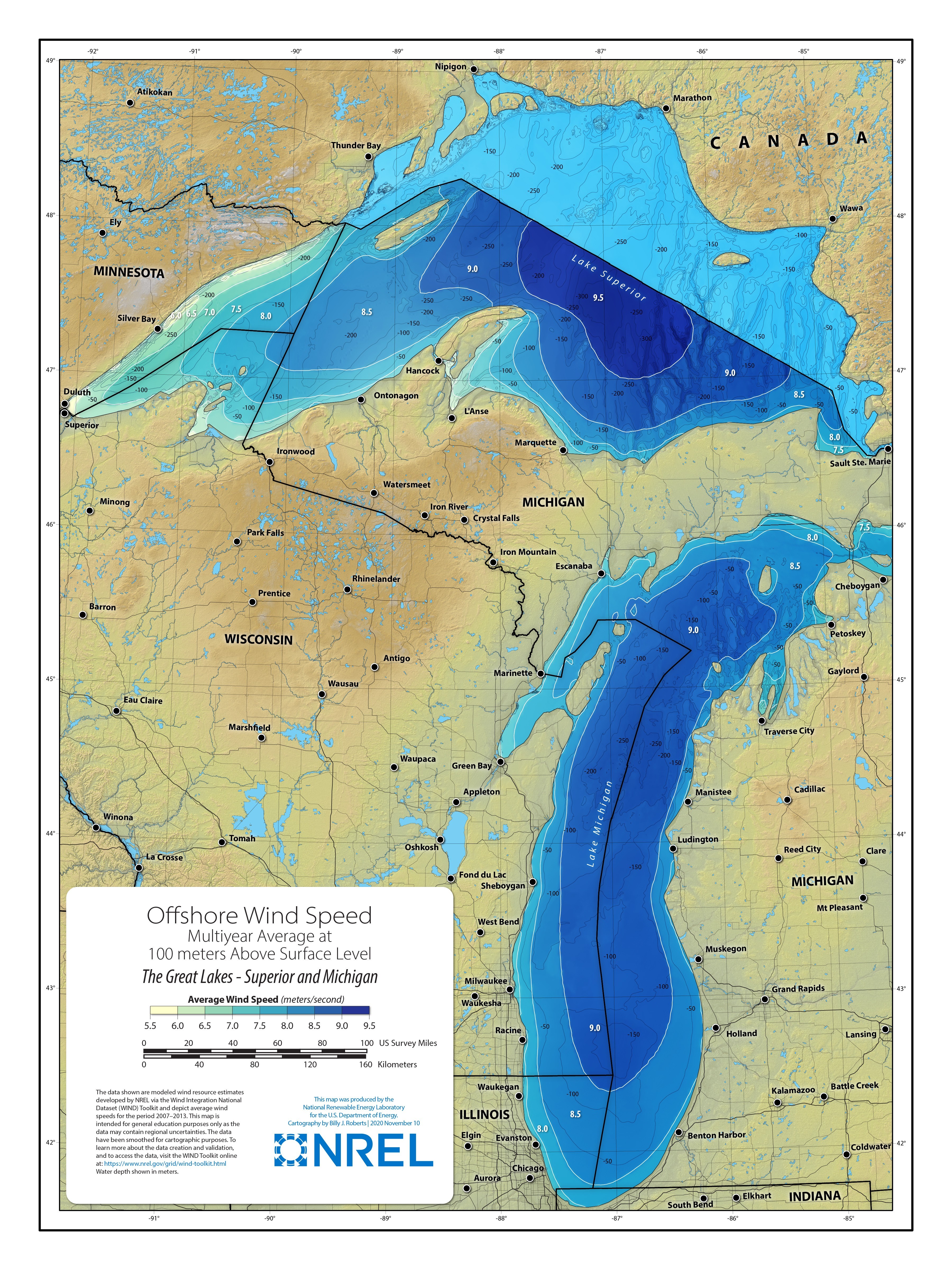 Great Lakes Offshore Wind Speed at 100 Meters | Lake Superior and Lake Michigan