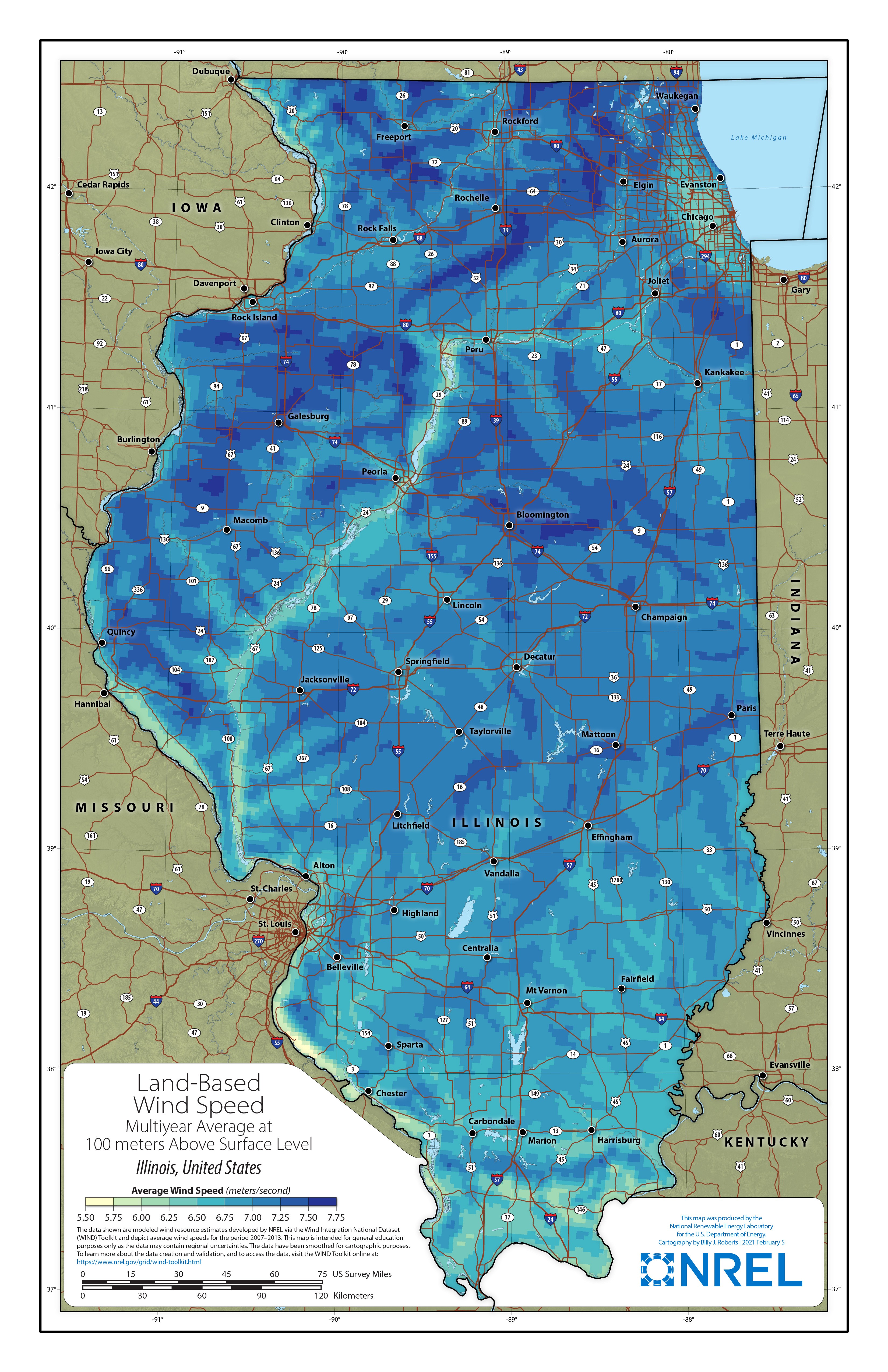 Illinois Land-Based Wind Speed at 100 Meters