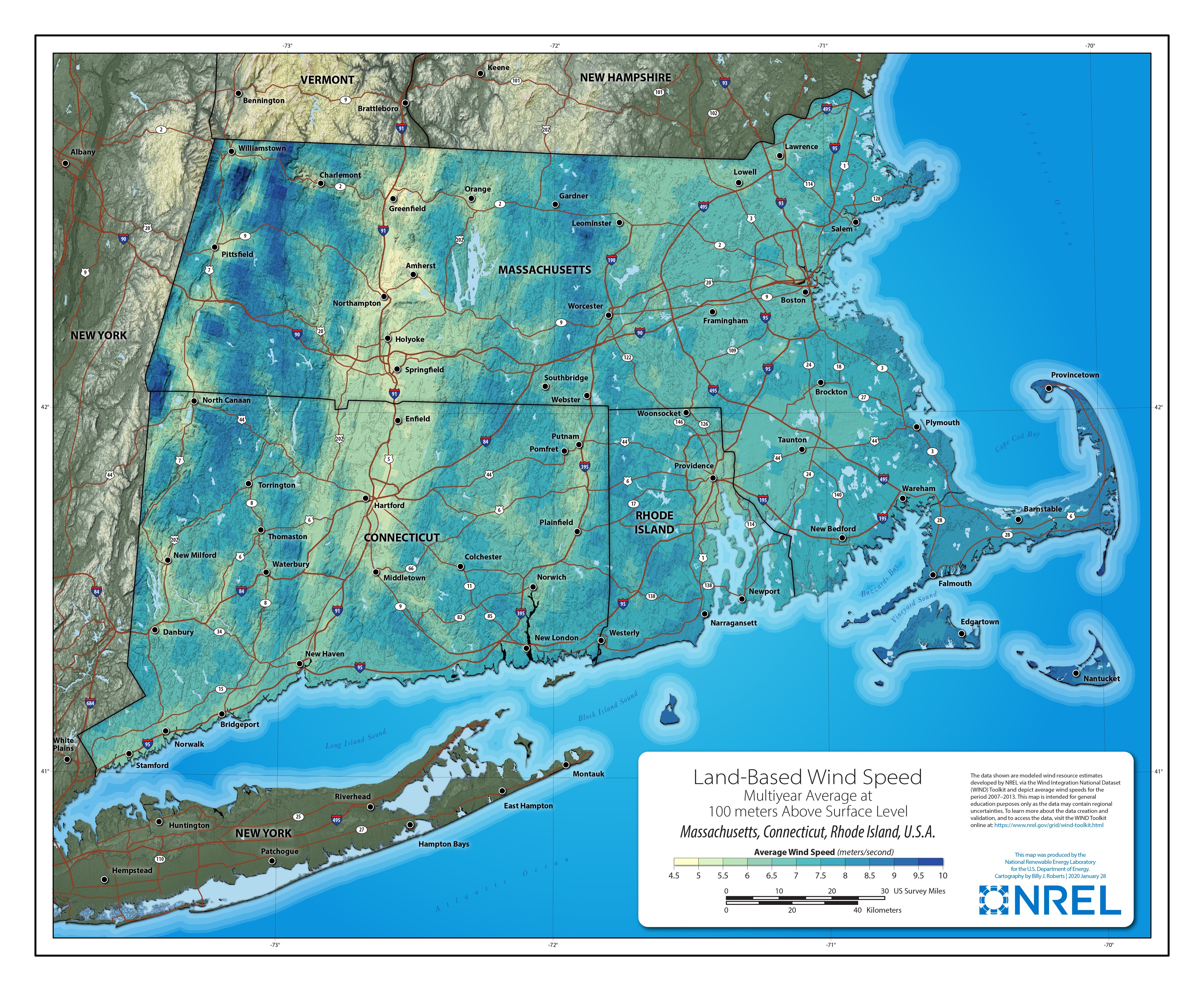 Massachusetts-Connecticut-Rhode Island Land-Based Wind Speed at 100 Meters